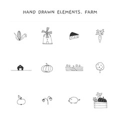 Vector hand drawn objects. Farm logo elements set.