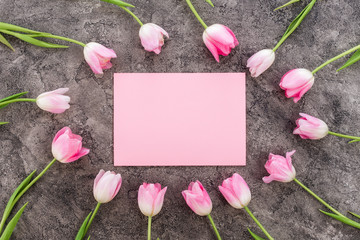 Pink board in the middle of pink tulips. Copy space on concrete background. Spring concept