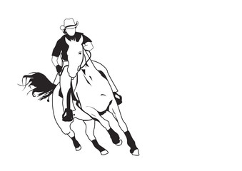 Drawing of a cowboy riding a wild on white background. Man is wearing a black shirt and white cowboy hat.
