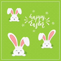 Lettering Happy Easter with Rabbits on Green Background