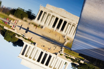 Upside-down reflection of the Lincoln Memorial on the surface of the Reflecting Pool