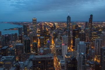 Fototapeta na wymiar Chicago skyline aerial view at dusk, United States