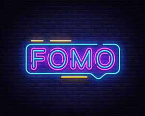 Fomo Neon Text Vector. Fomo neon sign, design template, modern trend design, night neon signboard, night bright advertising, light banner, light art. Vector illustration