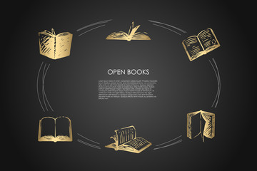 Open books - books with open pages and coverings vector concept set