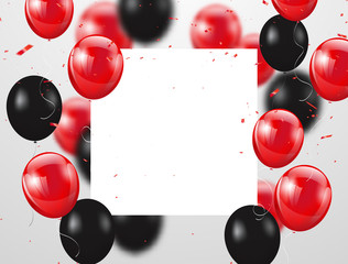 red and black balloons, vector illustration. Confetti and ribbons, Celebration background template with.