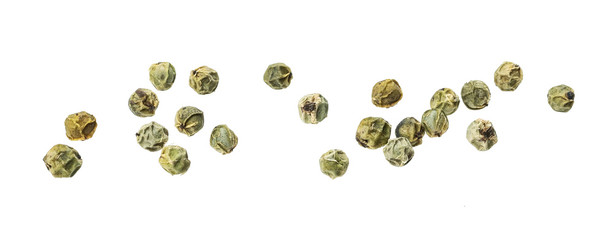 Green peppercorns isolated on white background, macro