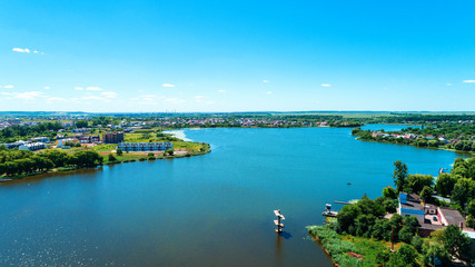 drone with a camera, beautiful summer small river from a height