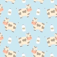 Cow and milk vector seamless pattern. Farm background.