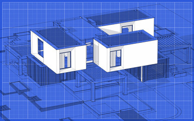 3d rendering sketch of modern cozy house in garden with garage for sale or rent. Graphics black line sketch with white spot on blueprint background.