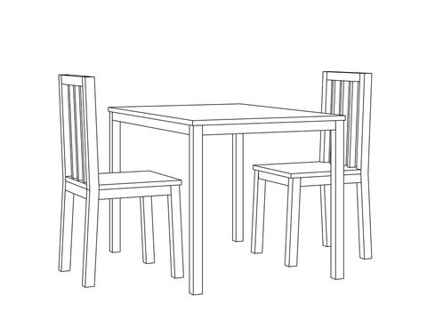 Simple line art perspective view vector of a dining table and two chairs.