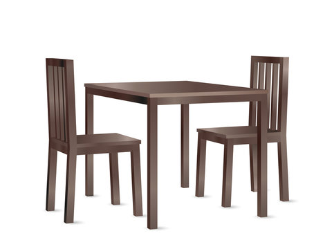 Realistic perspective view vector of a wooden dining table and two chairs.