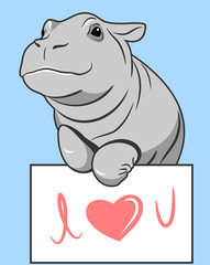 cute hippo with valentine day postcard