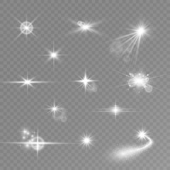  Set of gold bright beautiful stars. Light effect Bright Star. Beautiful light for illustration. Christmas star. White sparks sparkle with a special light. Vector sparkles on transparent background
