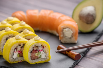 Different rolls with fish close-up