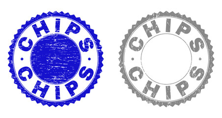 Grunge CHIPS stamp seals isolated on a white background. Rosette seals with grunge texture in blue and gray colors. Vector rubber watermark of CHIPS caption inside round rosette.