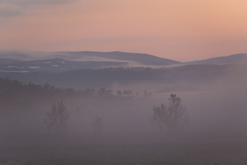 Foggy white night in the area of Nordgruvefeltet, Norway.