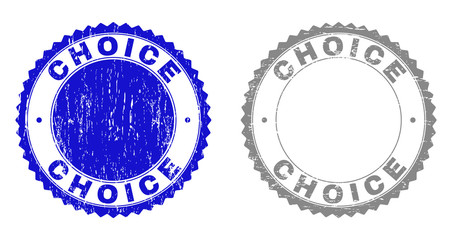 Grunge CHOICE stamp seals isolated on a white background. Rosette seals with grunge texture in blue and gray colors. Vector rubber overlay of CHOICE title inside round rosette.