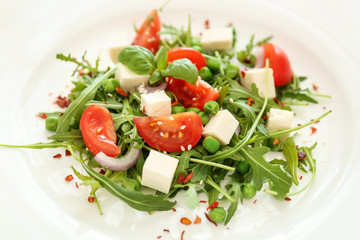 Fresh vegetable salad on plate, closeup. Diet food