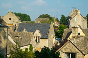Higgledy-piggledy rooftops in quaint Bisley village, The Cotswolds, Gloucestershire, UK