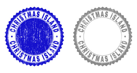 Grunge CHRISTMAS ISLAND stamp seals isolated on a white background. Rosette seals with grunge texture in blue and gray colors. Vector rubber overlay of CHRISTMAS ISLAND title inside round rosette.