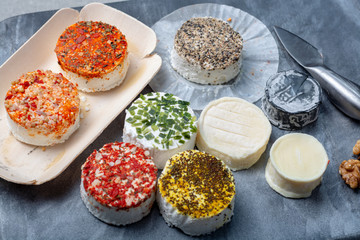 Assortment of French fresh white soft goat cheeses with different tastes topping made with herbs, paprika, indian curry, bruscetta, chives and dried tomatoes