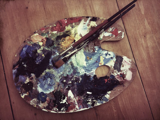 Art palette at the end of a painting. Mobile phone photo with some phone or tablet post processing.