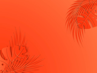 Fototapeta na wymiar Tropical and palm leaves on living coral background. Minimalistic summer background, banner, wallpaper. 3D vector illustration. Paper cut out art style.