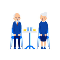Elderly couple are sitting at a table and drinking coffee and water. Old people enjoying time together. Illustration of people characters isolated on white background in flat style