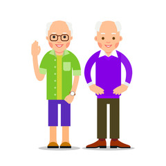 Two elderly men stand near. One pensioner in the greeting raised his hand, the other senior standing in akimbo pose. Illustration of people characters isolated on white background in flat style