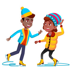 Afro Americal Girl And Boy In Winter Clothes Skating On Ice Vector. Isolated Illustration