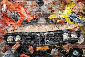 Washable Wallpaper Murals Graffiti Collage with car in grunge style on a brick wall
