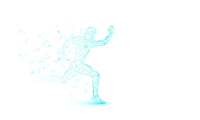 Abstract Sprinter futuristic background with low-poly, polygon and triangle. Sport runner concept from dots, circles and lines. Molecular concept. Wireframe light connection structure vector 