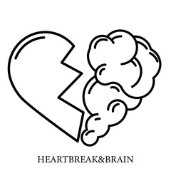 Heartbreak vector. Broken Heart and Brain flat modern icon logo vector design. Interaction between soul and intelligence, emotions, loneliness, divorce, broken relationship, rational thinking
