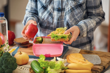 Mother preparing lunch for schoolchild at table