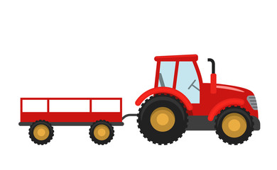 Red Tractor with trailer. Vector illustration in flat style isolated on white background.