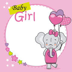 Fototapeta premium Baby shower card. Cute elephant with heart-shaped balloons. Space for text