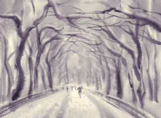 Fototapeta premium park in winter landscape in the forest watercolor