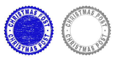 Grunge CHRISTMAS POST stamp seals isolated on a white background. Rosette seals with distress texture in blue and gray colors. Vector rubber stamp imprint of CHRISTMAS POST label inside round rosette.