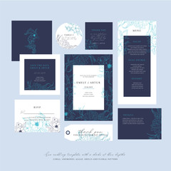 Sea wedding template with a shade of blue depths. Big wedding collection with sketch floral branches, coral, algae in the trend colors of the underwater world. Nautical art.