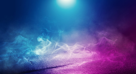 Background of empty room with concrete pavement. Blue and pink neon light. Smoke, fog, wet asphalt...