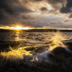 Sunset light and evening mood by the Jonsvatnet lake in Norway.
