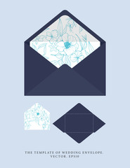 Wedding an envelope with a shade of blue depths. Vector template with sketch floral branches, coral, algae in the trend colors of the underwater world. Nautical art. Ideal for personal printing.