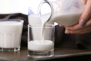 Pouring of fresh milk from bottle into glass, closeup