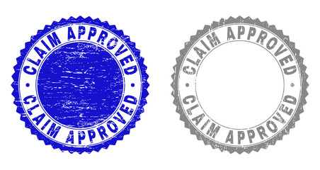 Grunge CLAIM APPROVED watermarks isolated on a white background. Rosette seals with grunge texture in blue and gray colors. Vector rubber stamp imitation of CLAIM APPROVED text inside round rosette.