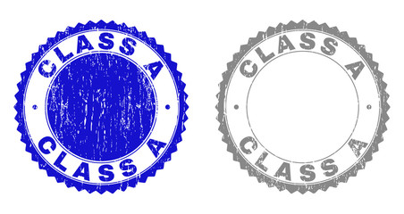 Grunge CLASS A stamp seals isolated on a white background. Rosette seals with grunge texture in blue and gray colors. Vector rubber stamp imitation of CLASS A label inside round rosette.