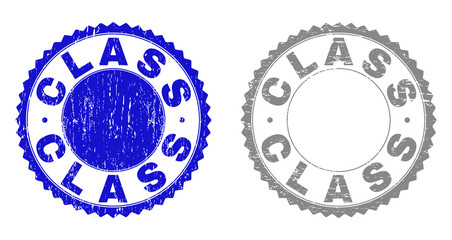 Grunge CLASS stamp seals isolated on a white background. Rosette seals with grunge texture in blue and gray colors. Vector rubber stamp imitation of CLASS label inside round rosette.