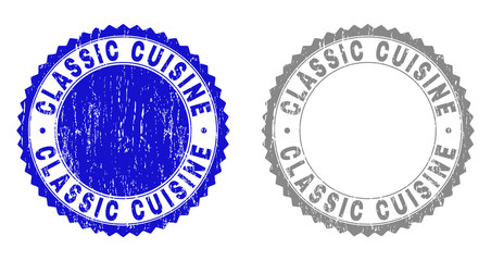 Grunge CLASSIC CUISINE stamp seals isolated on a white background. Rosette seals with grunge texture in blue and gray colors.