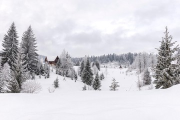 rural mountain house on snow. 