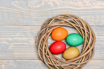 Spring holiday. Holiday celebration, preparation. Egg hunt. painted eggs in nest. copy space. Healthy and happy holiday. Happy easter. Happy spring day