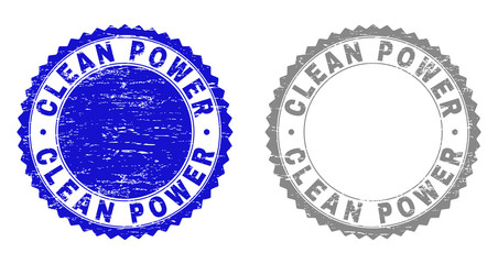 Grunge CLEAN POWER stamp seals isolated on a white background. Rosette seals with grunge texture in blue and grey colors. Vector rubber overlay of CLEAN POWER title inside round rosette.